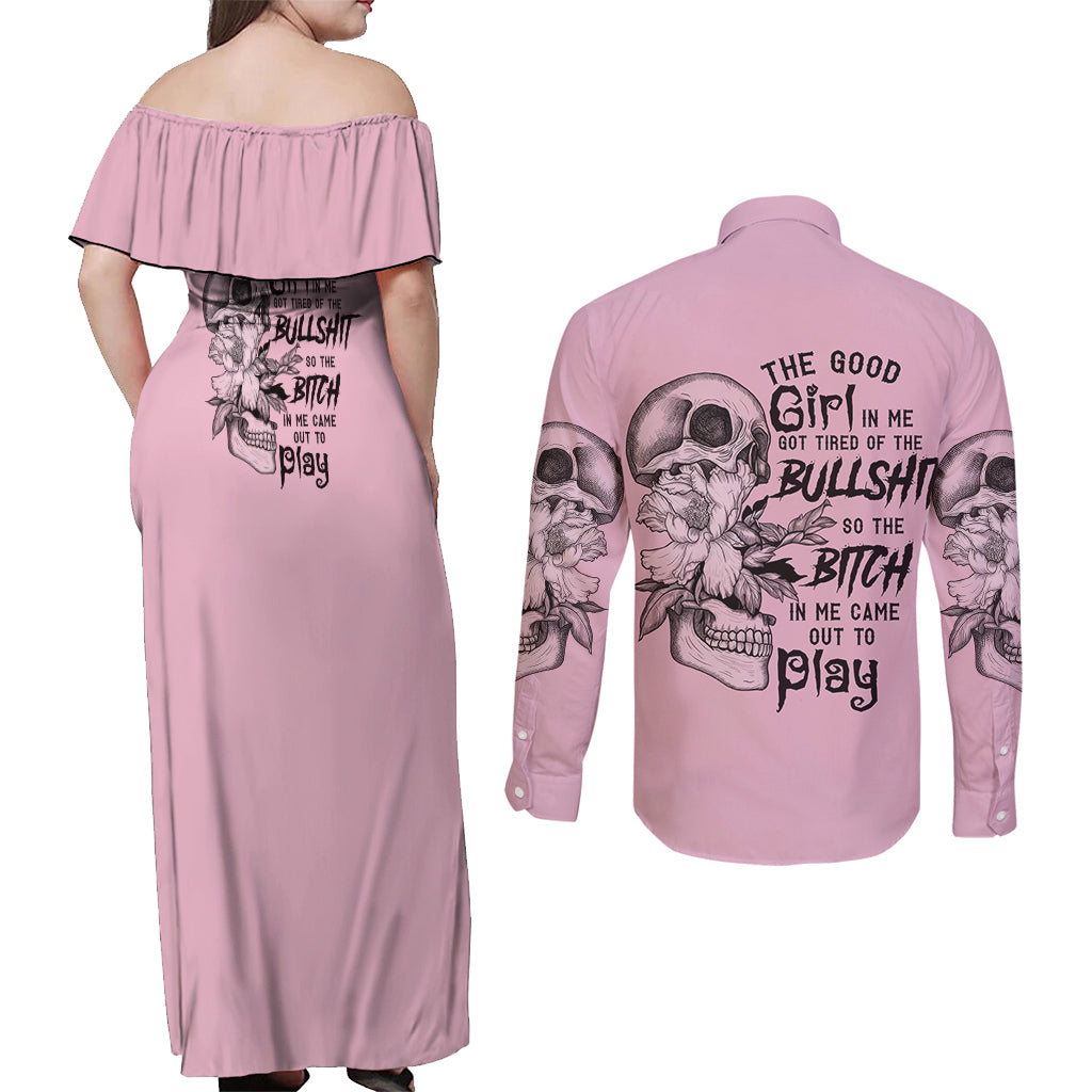 The Good Girl In Me Got Tired Skull Couples Matching Off Shoulder Maxi Dress and Long Sleeve Button Shirt - Wonder Print Shop