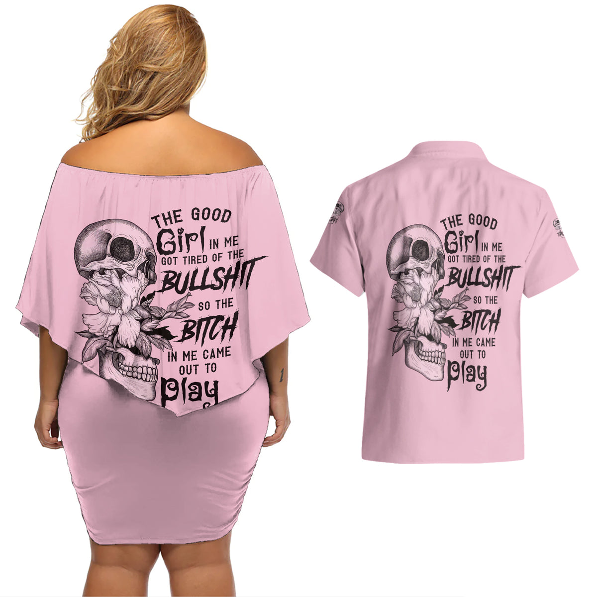 The Good Girl In Me Got Tired Skull Couples Matching Off Shoulder Short Dress and Hawaiian Shirt - Wonder Print Shop