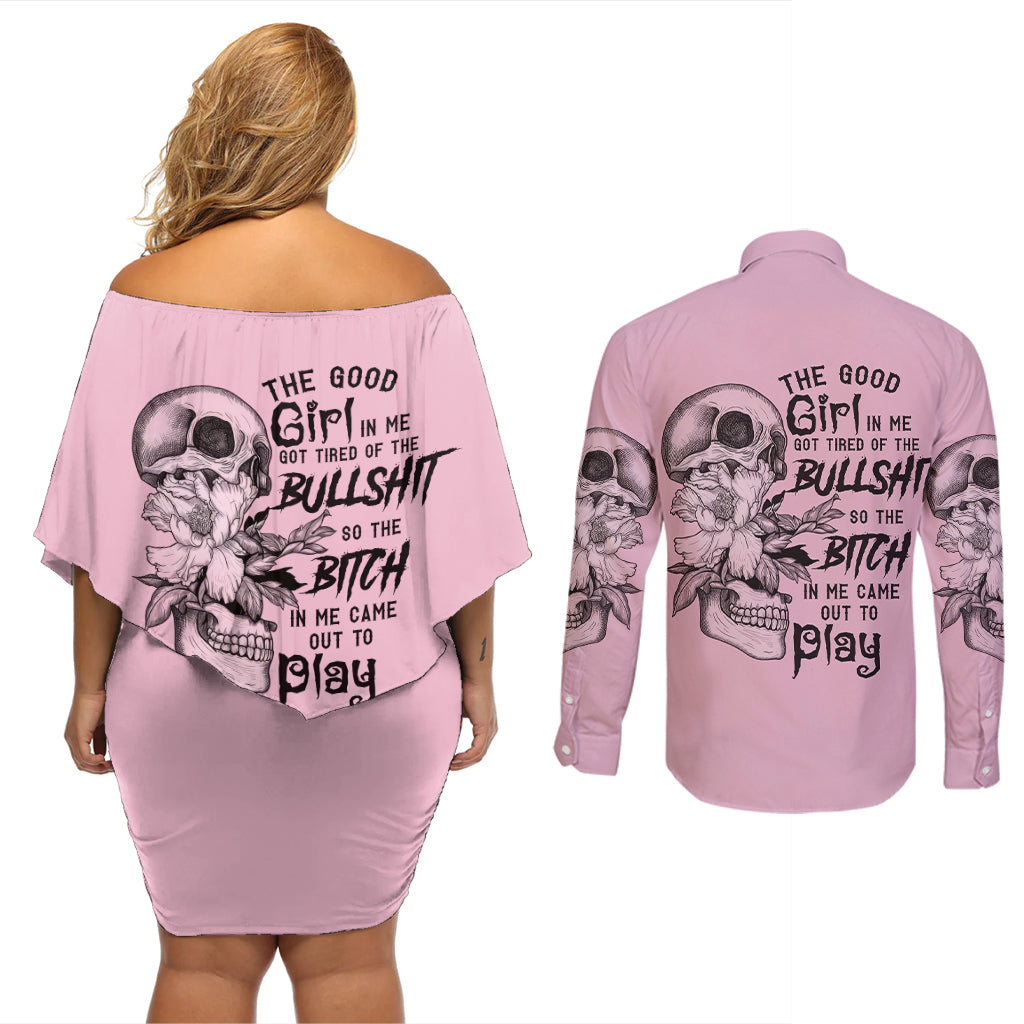 The Good Girl In Me Got Tired Skull Couples Matching Off Shoulder Short Dress and Long Sleeve Button Shirt - Wonder Print Shop