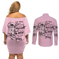 The Good Girl In Me Got Tired Skull Couples Matching Off Shoulder Short Dress and Long Sleeve Button Shirt - Wonder Print Shop
