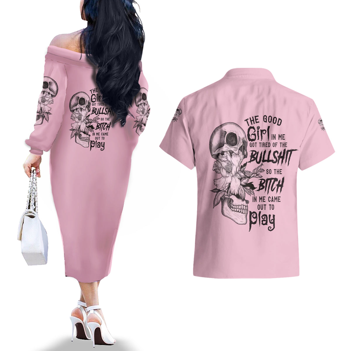 The Good Girl In Me Got Tired Skull Couples Matching Off The Shoulder Long Sleeve Dress and Hawaiian Shirt - Wonder Print Shop