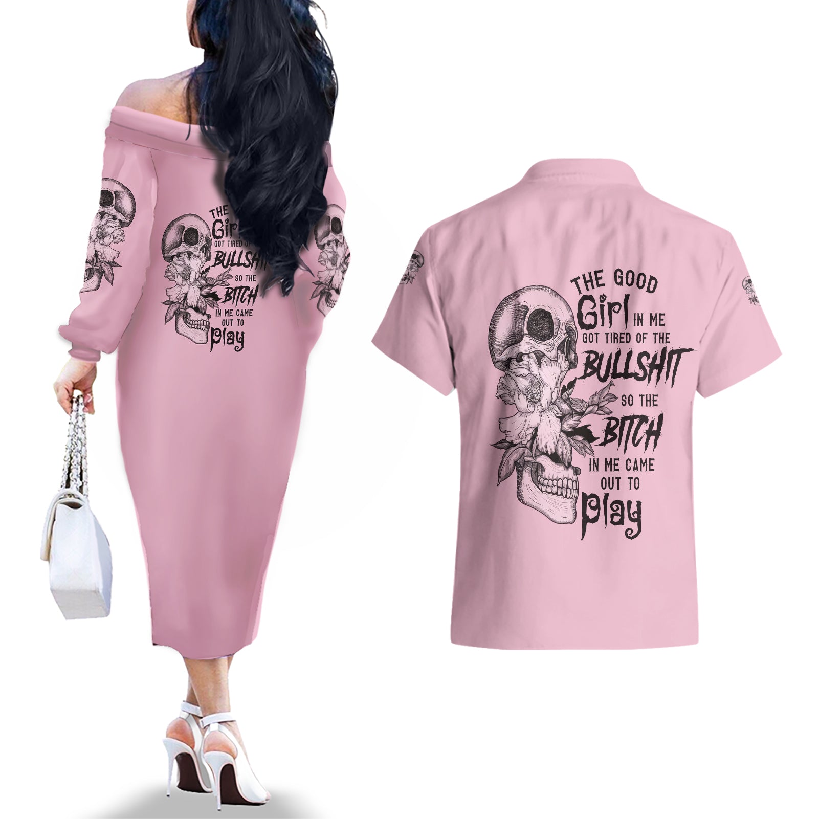 The Good Girl In Me Got Tired Skull Couples Matching Off The Shoulder Long Sleeve Dress and Hawaiian Shirt - Wonder Print Shop