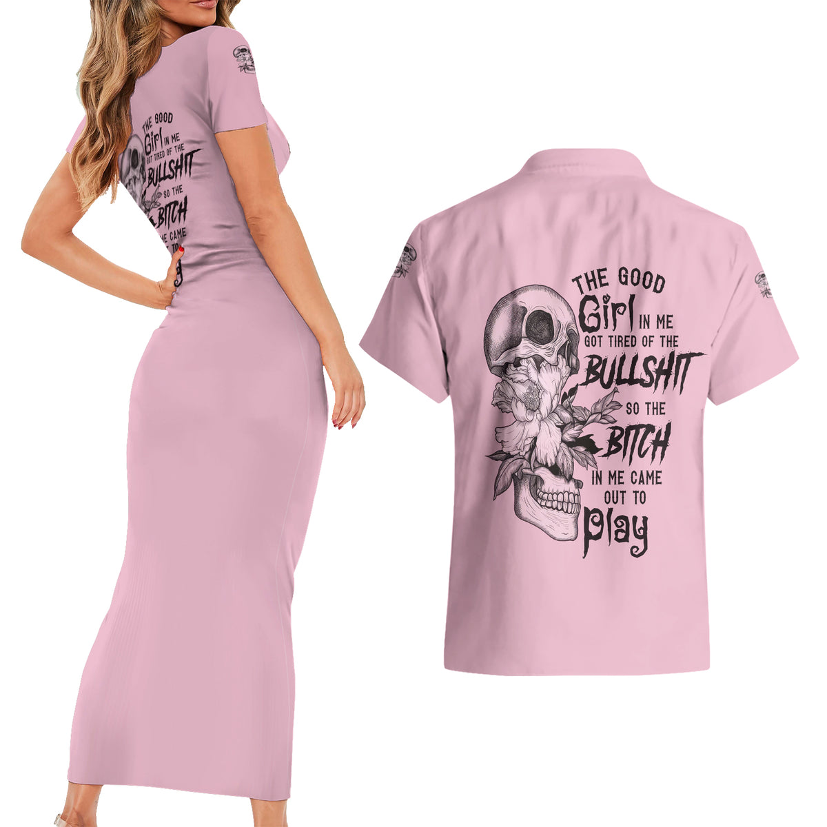 The Good Girl In Me Got Tired Skull Couples Matching Short Sleeve Bodycon Dress and Hawaiian Shirt - Wonder Print Shop