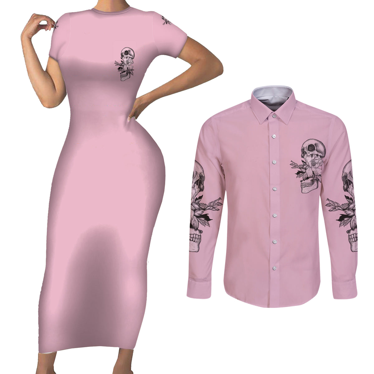 The Good Girl In Me Got Tired Skull Couples Matching Short Sleeve Bodycon Dress and Long Sleeve Button Shirt - Wonder Print Shop