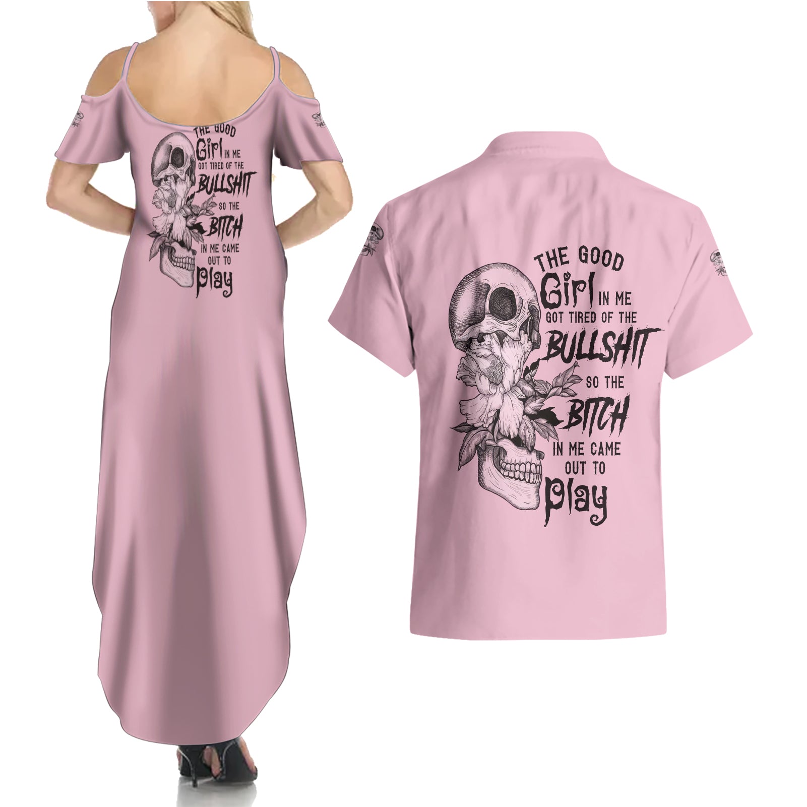 The Good Girl In Me Got Tired Skull Couples Matching Summer Maxi Dress and Hawaiian Shirt - Wonder Print Shop