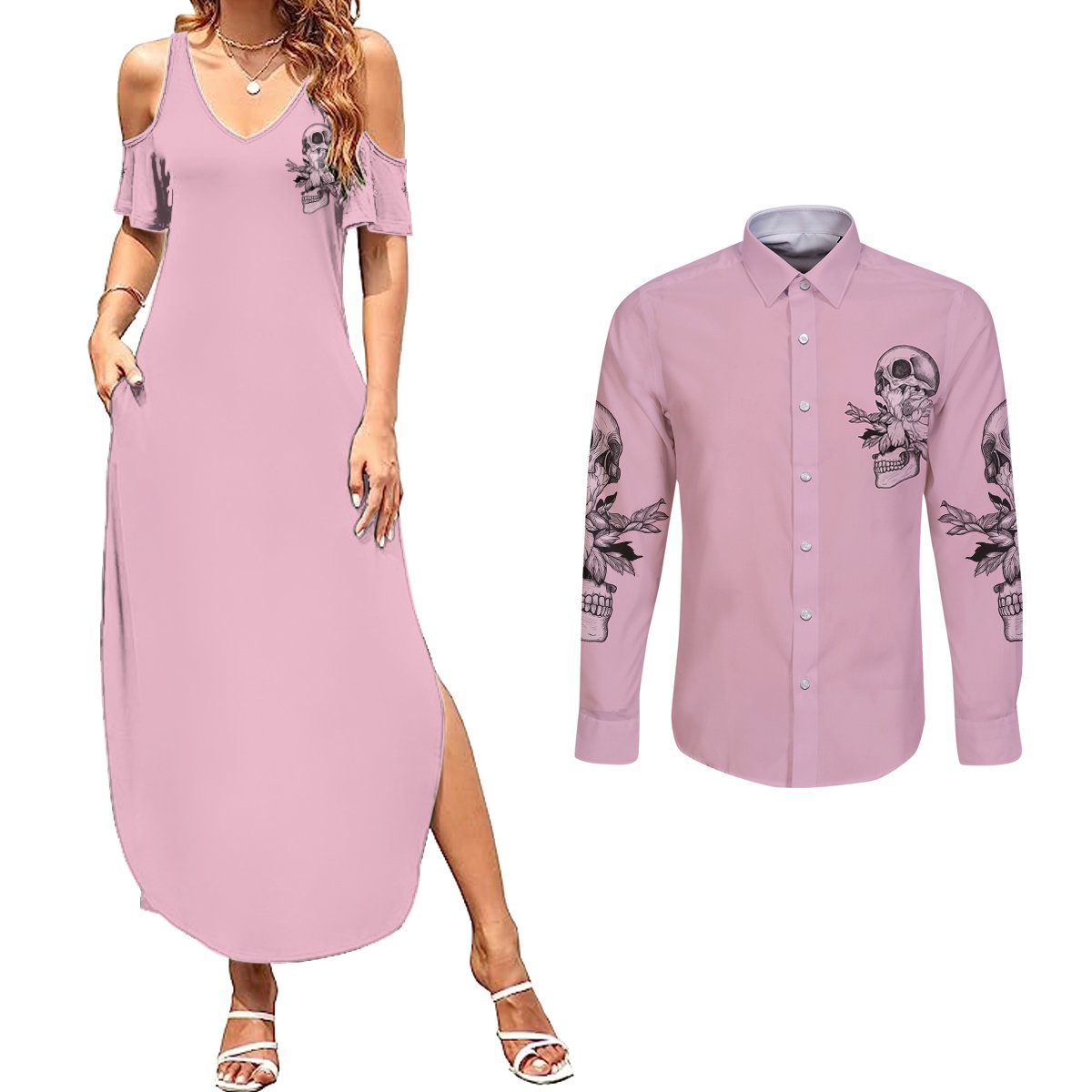 The Good Girl In Me Got Tired Skull Couples Matching Summer Maxi Dress and Long Sleeve Button Shirt - Wonder Print Shop