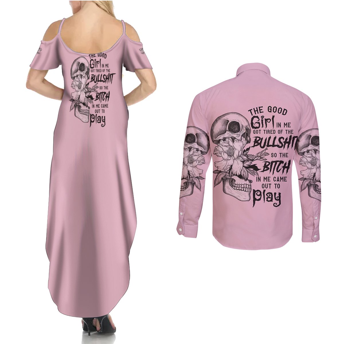 The Good Girl In Me Got Tired Skull Couples Matching Summer Maxi Dress and Long Sleeve Button Shirt - Wonder Print Shop