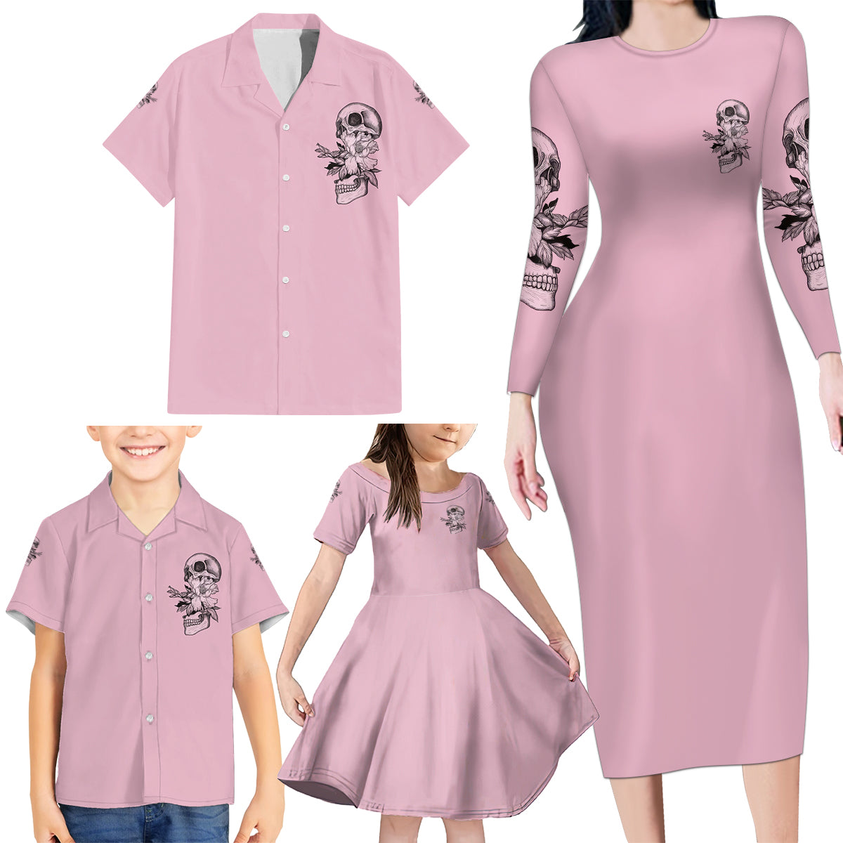 The Good Girl In Me Got Tired Skull Family Matching Long Sleeve Bodycon Dress and Hawaiian Shirt - Wonder Print Shop