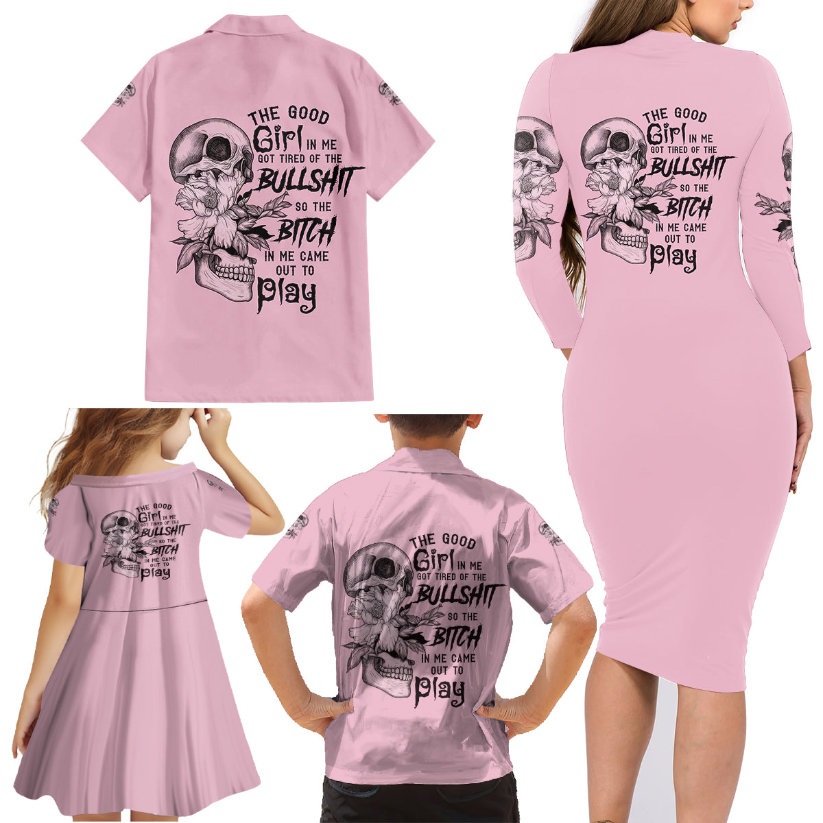 The Good Girl In Me Got Tired Skull Family Matching Long Sleeve Bodycon Dress and Hawaiian Shirt - Wonder Print Shop
