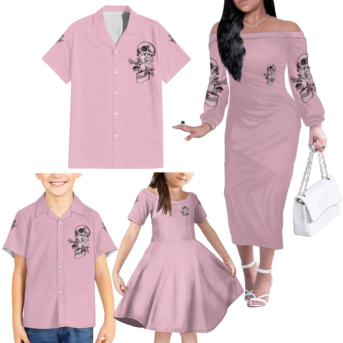 The Good Girl In Me Got Tired Skull Family Matching Off Shoulder Long Sleeve Dress and Hawaiian Shirt - Wonder Print Shop