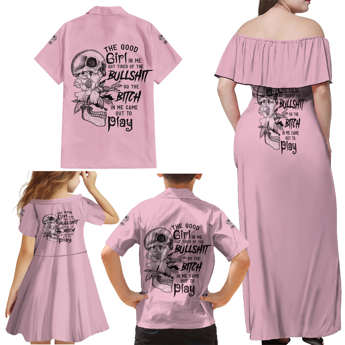 The Good Girl In Me Got Tired Skull Family Matching Off Shoulder Maxi Dress and Hawaiian Shirt - Wonder Print Shop