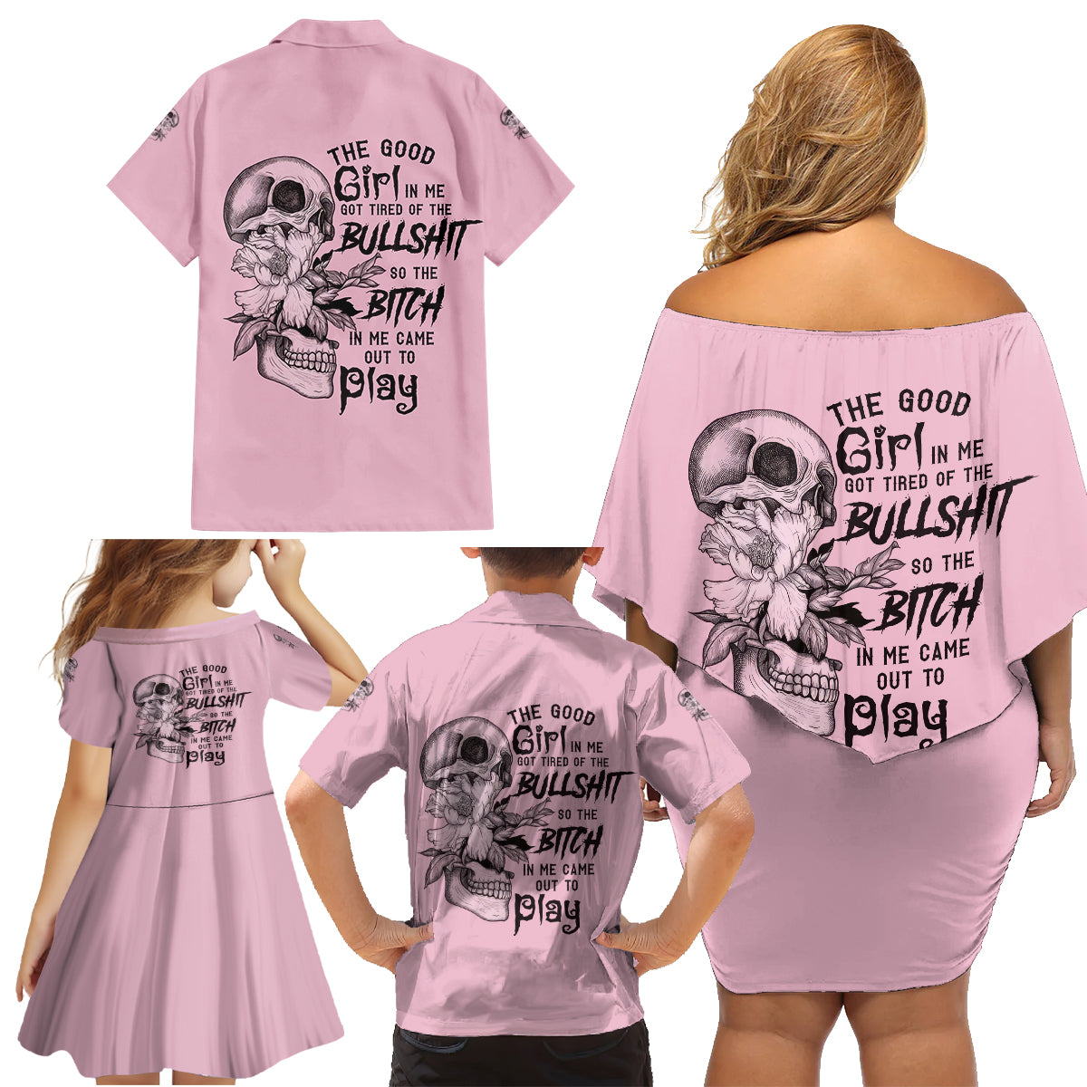 The Good Girl In Me Got Tired Skull Family Matching Off Shoulder Short Dress and Hawaiian Shirt - Wonder Print Shop