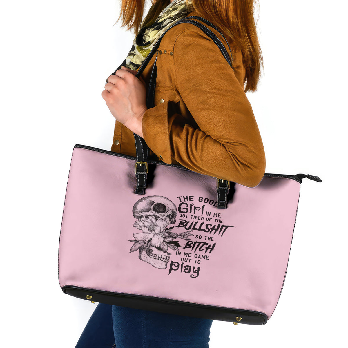 The Good Girl In Me Got Tired Skull Leather Tote Bag - Wonder Print Shop