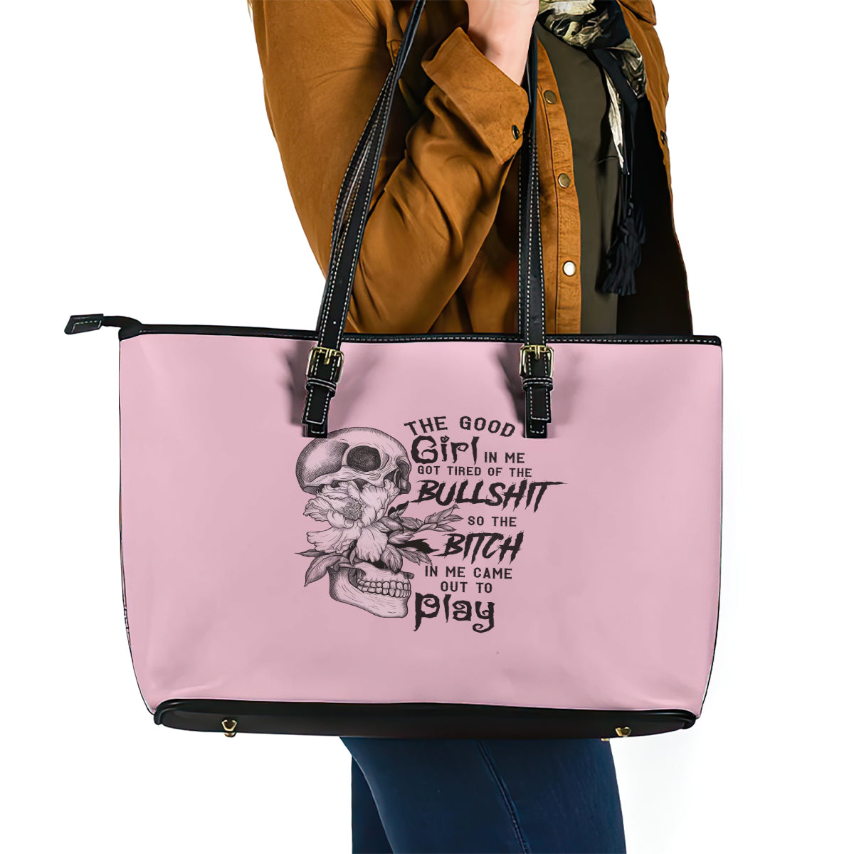 The Good Girl In Me Got Tired Skull Leather Tote Bag - Wonder Print Shop