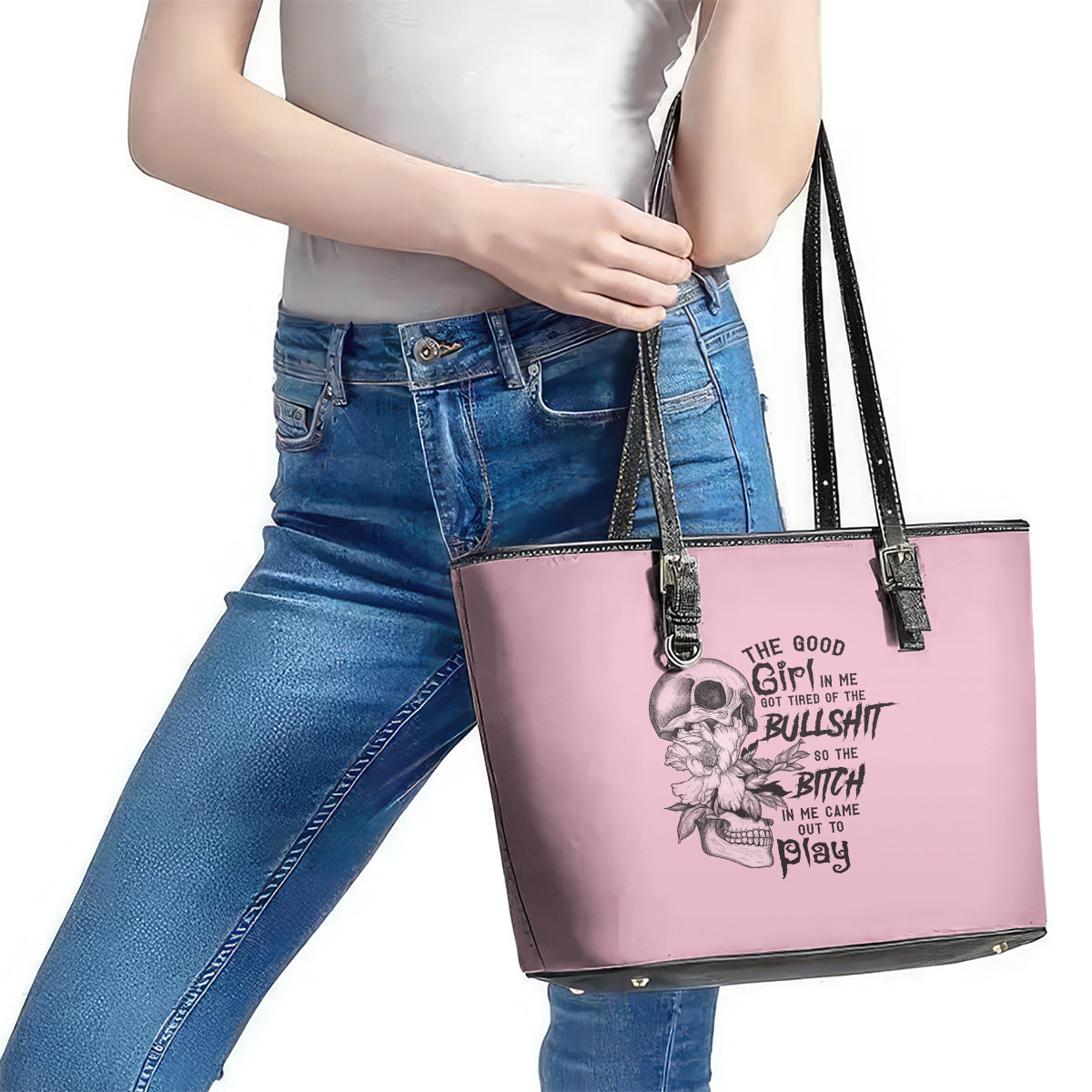 The Good Girl In Me Got Tired Skull Leather Tote Bag - Wonder Print Shop