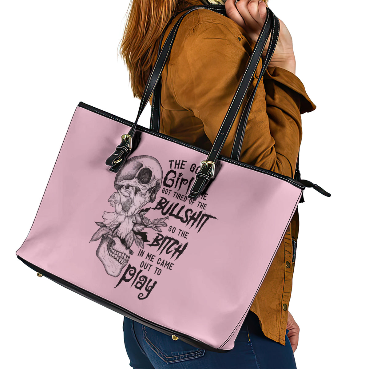 The Good Girl In Me Got Tired Skull Leather Tote Bag - Wonder Print Shop