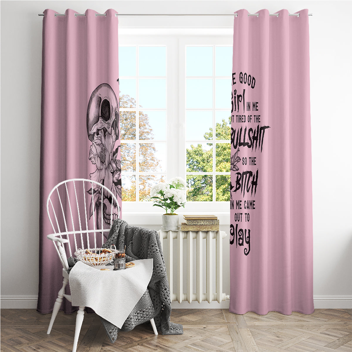 The Good Girl In Me Got Tired Skull Window Curtain - Wonder Print Shop