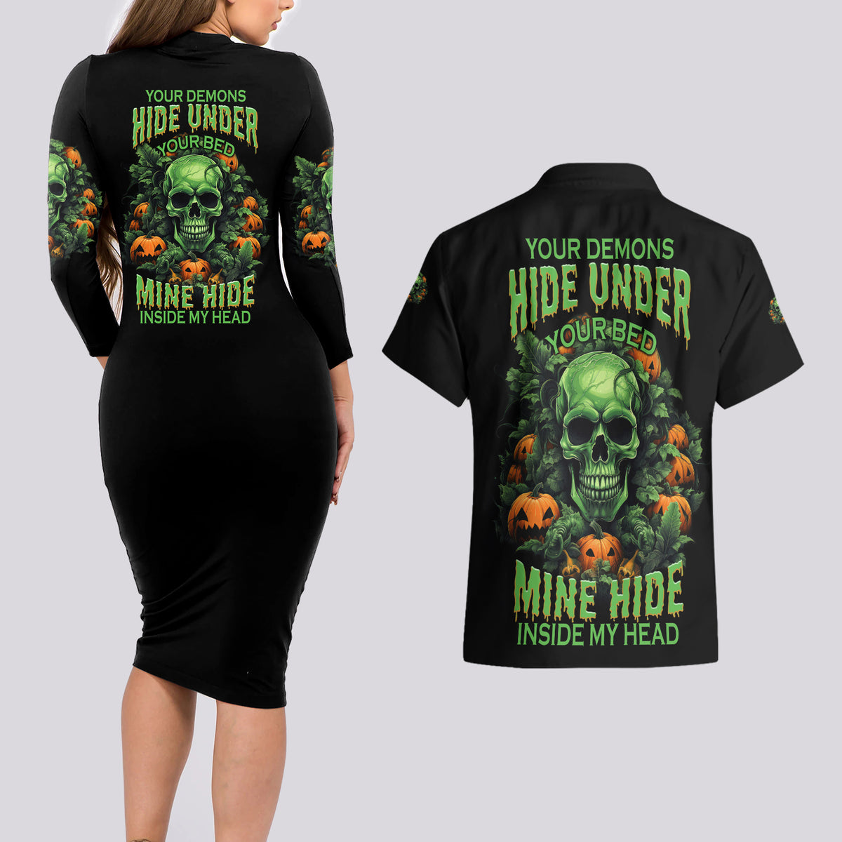 Your Demons Hide Under Your Bed Skull Halloween Couples Matching Long Sleeve Bodycon Dress and Hawaiian Shirt - Wonder Print Shop