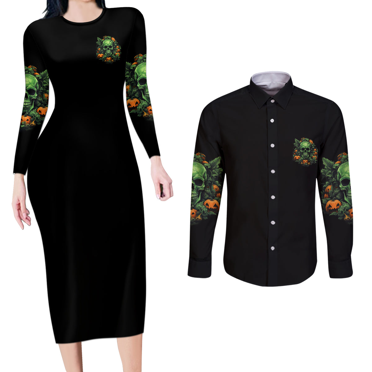 Your Demons Hide Under Your Bed Skull Halloween Couples Matching Long Sleeve Bodycon Dress and Long Sleeve Button Shirt - Wonder Print Shop