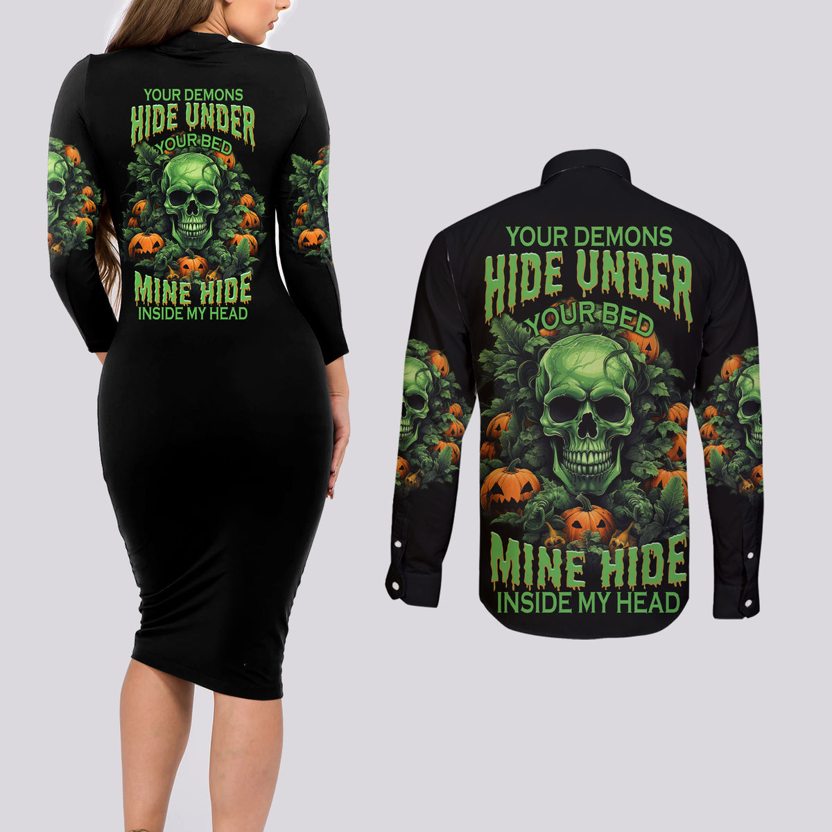 Your Demons Hide Under Your Bed Skull Halloween Couples Matching Long Sleeve Bodycon Dress and Long Sleeve Button Shirt - Wonder Print Shop