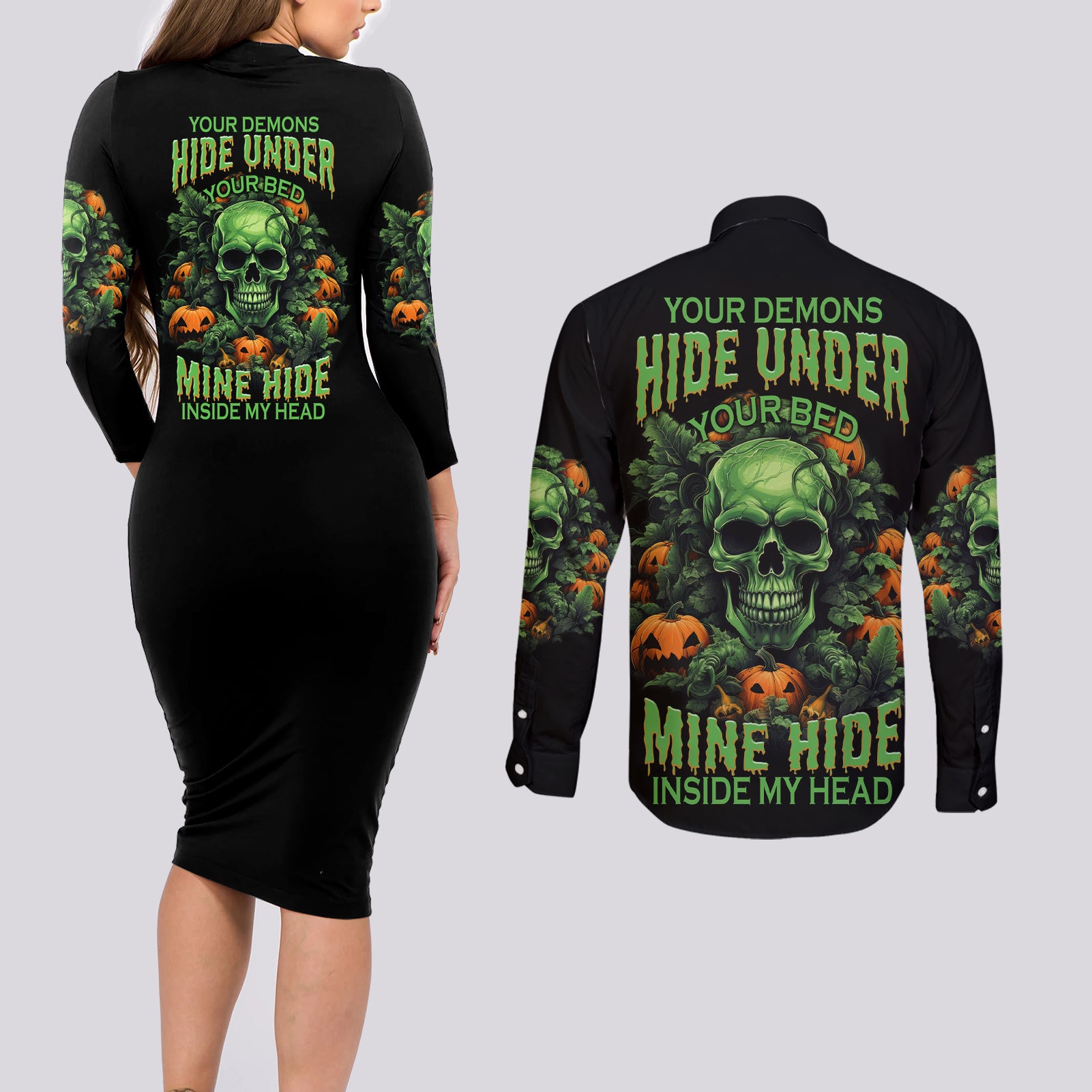 Your Demons Hide Under Your Bed Skull Halloween Couples Matching Long Sleeve Bodycon Dress and Long Sleeve Button Shirt - Wonder Print Shop