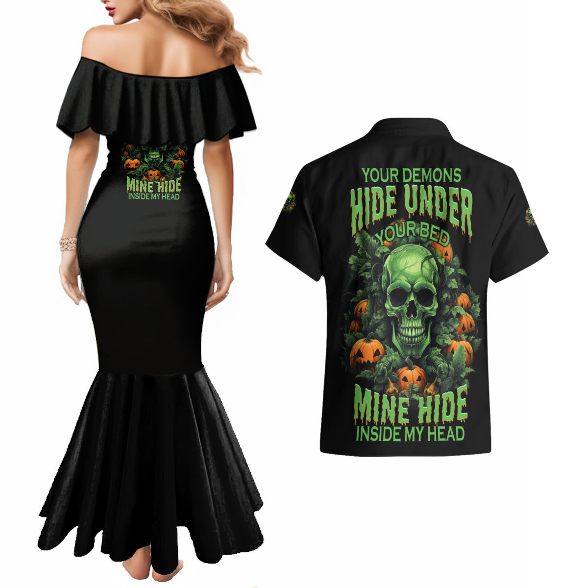 Your Demons Hide Under Your Bed Skull Halloween Couples Matching Mermaid Dress and Hawaiian Shirt - Wonder Print Shop