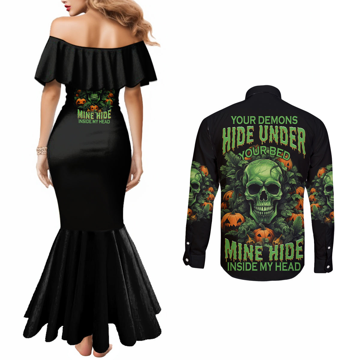 your-demons-hide-under-your-bed-skull-halloween-couples-matching-mermaid-dress-and-long-sleeve-button-shirt