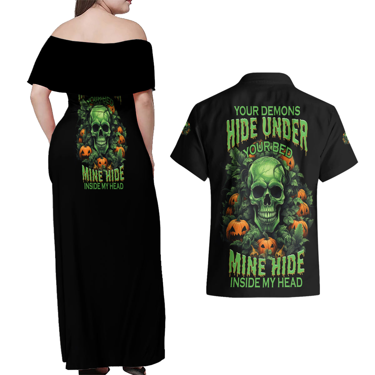 Your Demons Hide Under Your Bed Skull Halloween Couples Matching Off Shoulder Maxi Dress and Hawaiian Shirt - Wonder Print Shop
