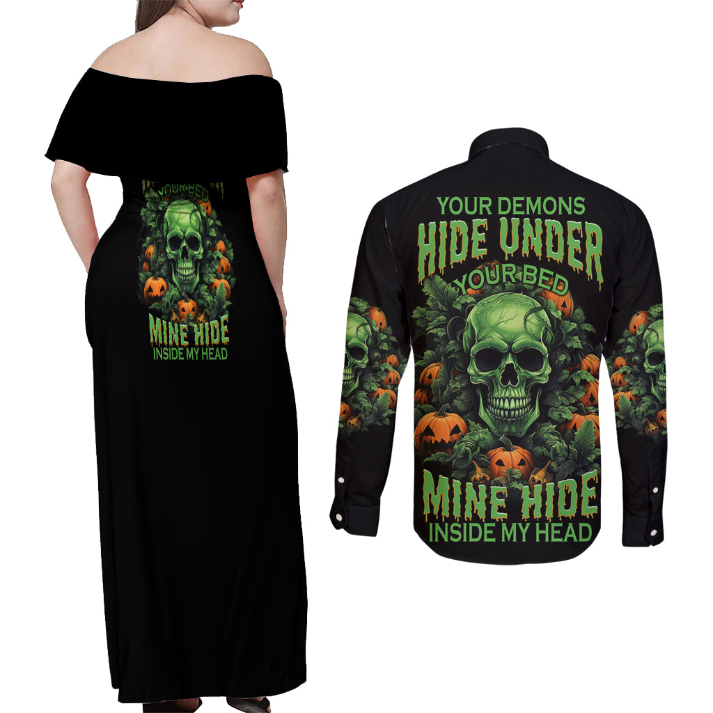 Your Demons Hide Under Your Bed Skull Halloween Couples Matching Off Shoulder Maxi Dress and Long Sleeve Button Shirt - Wonder Print Shop