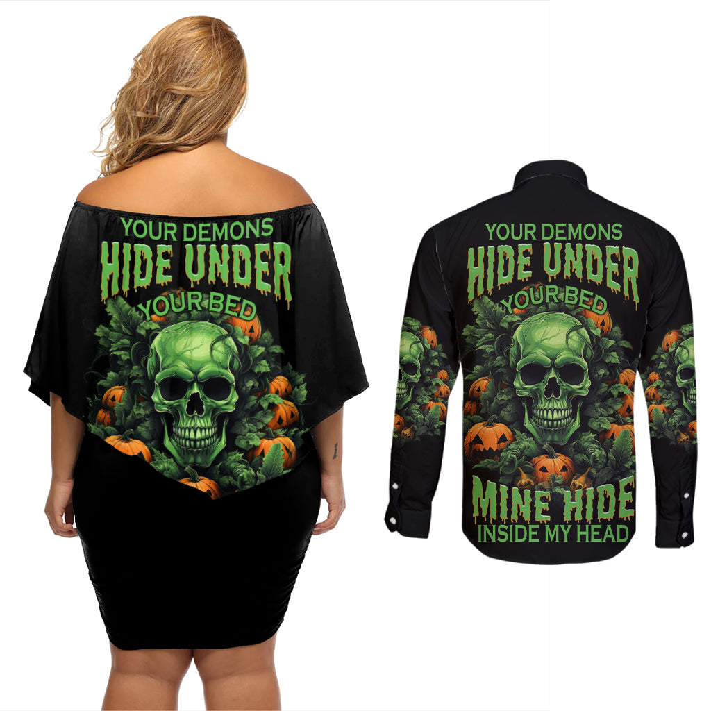 Your Demons Hide Under Your Bed Skull Halloween Couples Matching Off Shoulder Short Dress and Long Sleeve Button Shirt - Wonder Print Shop