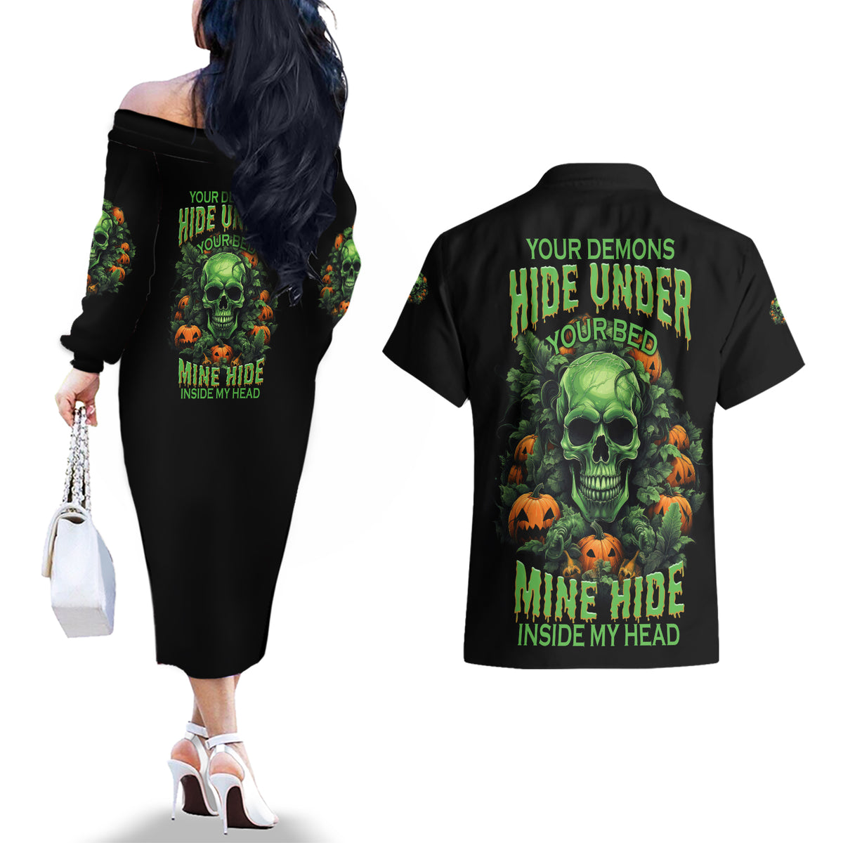 Your Demons Hide Under Your Bed Skull Halloween Couples Matching Off The Shoulder Long Sleeve Dress and Hawaiian Shirt - Wonder Print Shop
