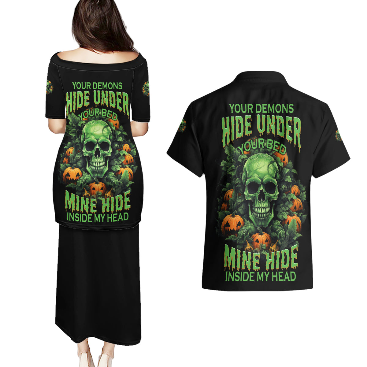 Your Demons Hide Under Your Bed Skull Halloween Couples Matching Puletasi Dress and Hawaiian Shirt - Wonder Print Shop