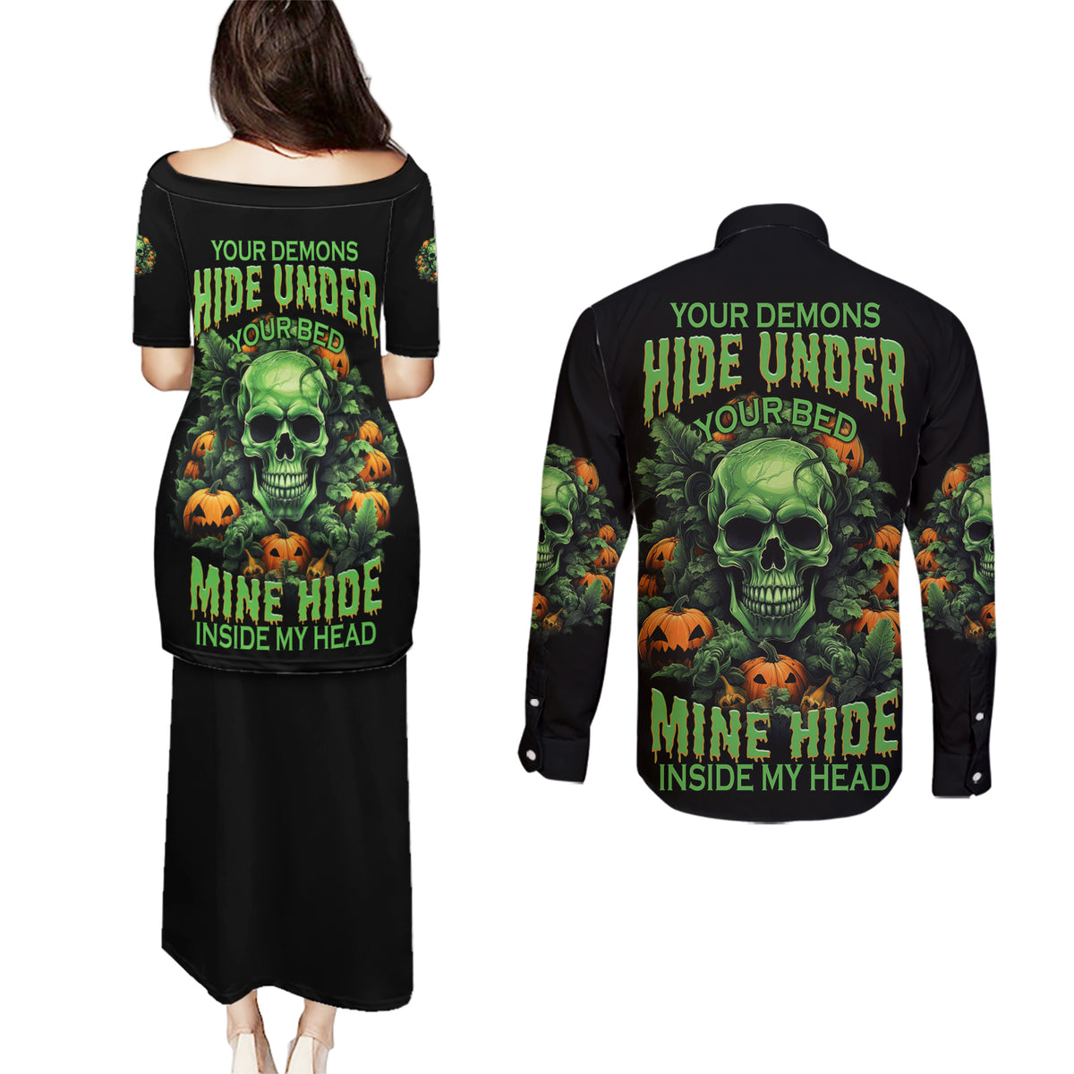 Your Demons Hide Under Your Bed Skull Halloween Couples Matching Puletasi Dress and Long Sleeve Button Shirt - Wonder Print Shop