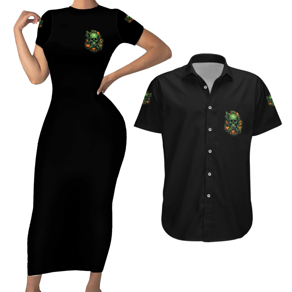 Your Demons Hide Under Your Bed Skull Halloween Couples Matching Short Sleeve Bodycon Dress and Hawaiian Shirt - Wonder Print Shop