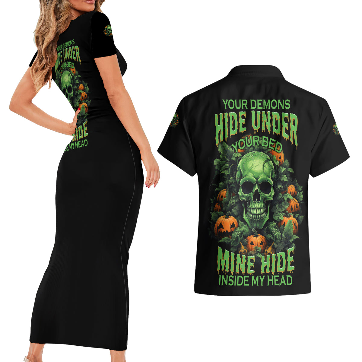Your Demons Hide Under Your Bed Skull Halloween Couples Matching Short Sleeve Bodycon Dress and Hawaiian Shirt - Wonder Print Shop