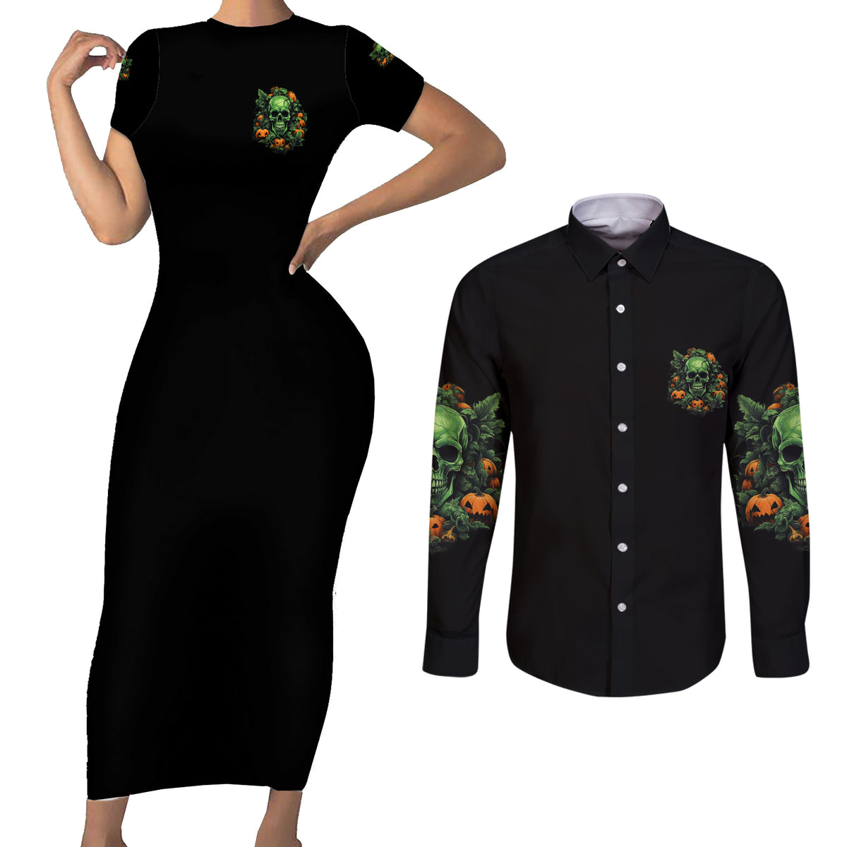 Your Demons Hide Under Your Bed Skull Halloween Couples Matching Short Sleeve Bodycon Dress and Long Sleeve Button Shirt - Wonder Print Shop
