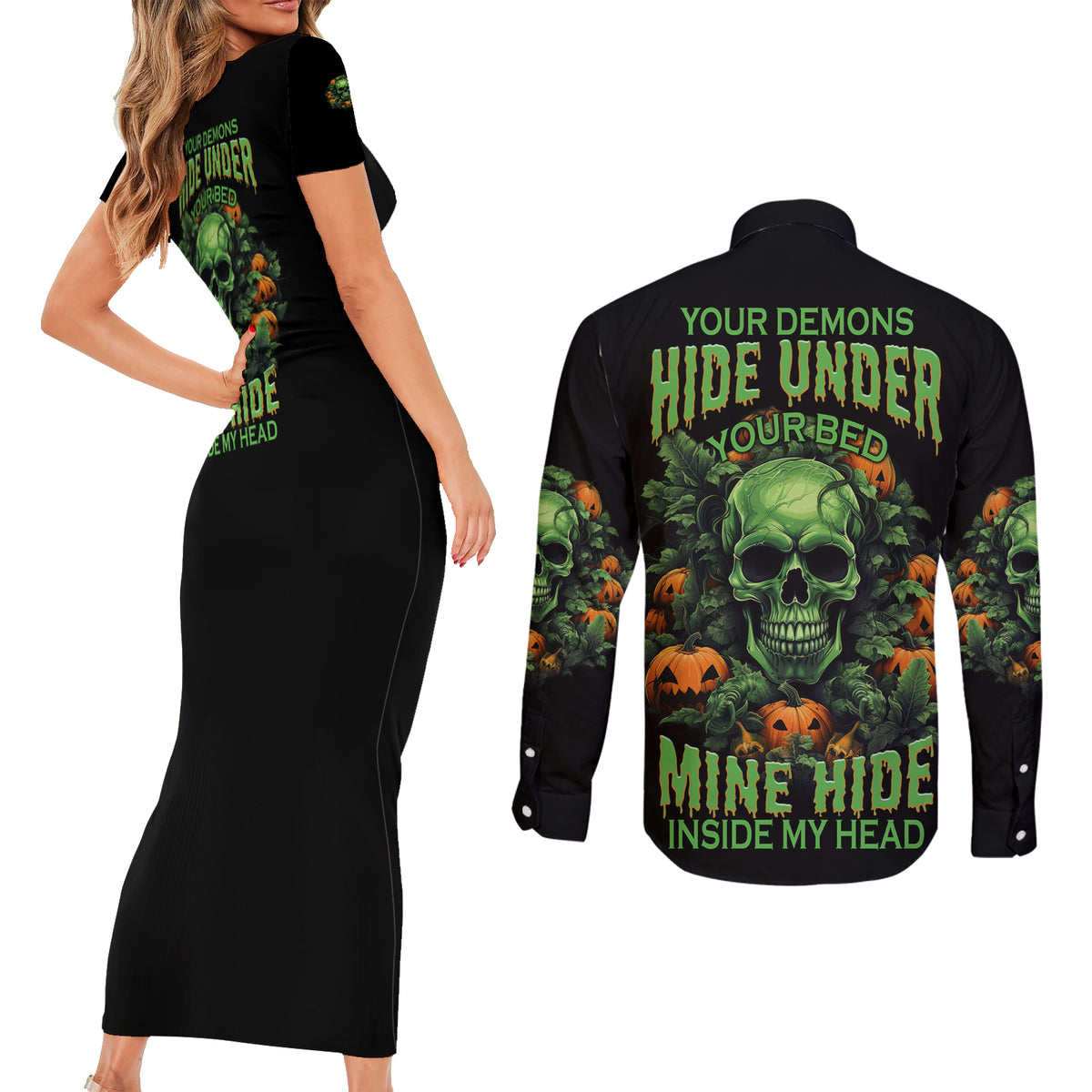 Your Demons Hide Under Your Bed Skull Halloween Couples Matching Short Sleeve Bodycon Dress and Long Sleeve Button Shirt - Wonder Print Shop