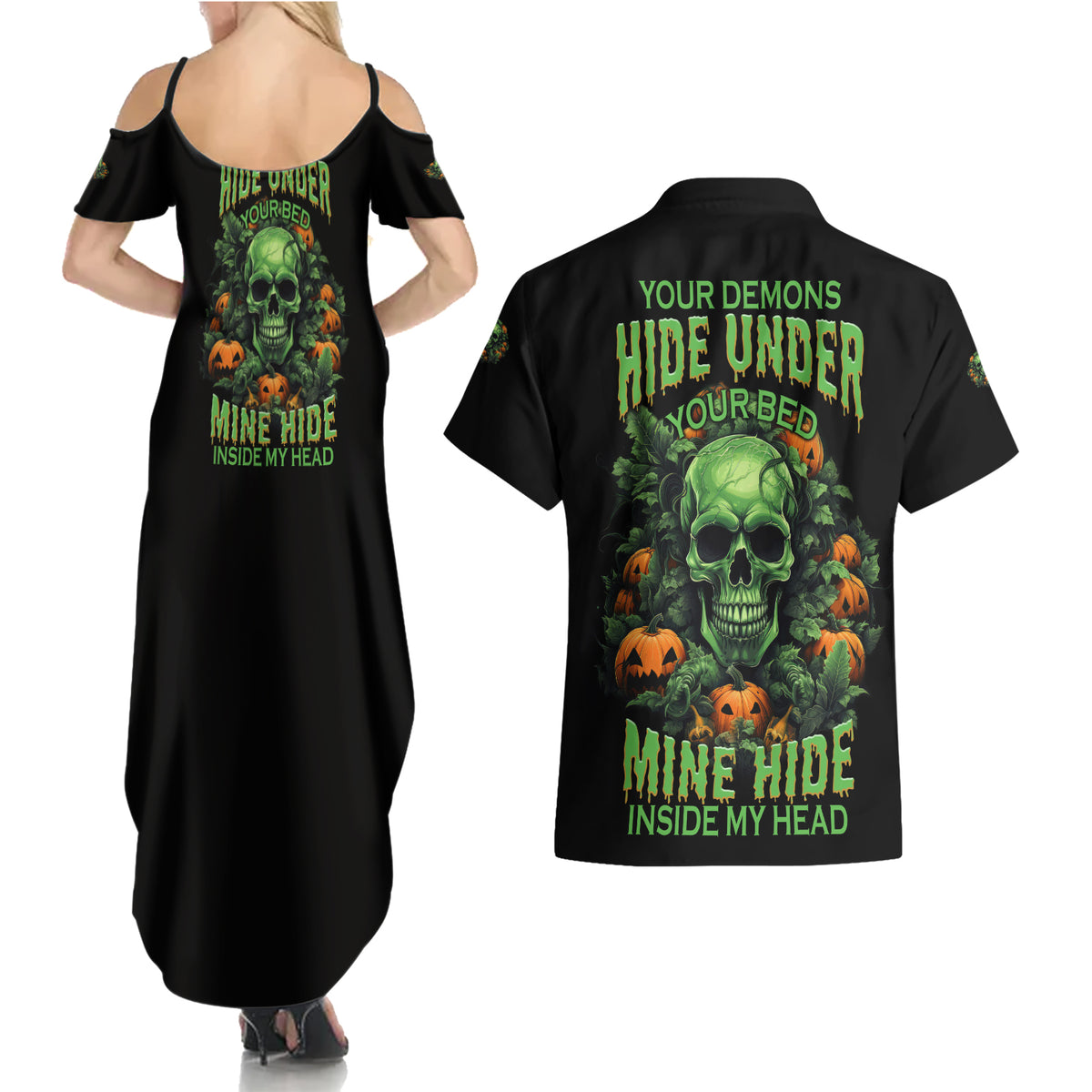 Your Demons Hide Under Your Bed Skull Halloween Couples Matching Summer Maxi Dress and Hawaiian Shirt - Wonder Print Shop