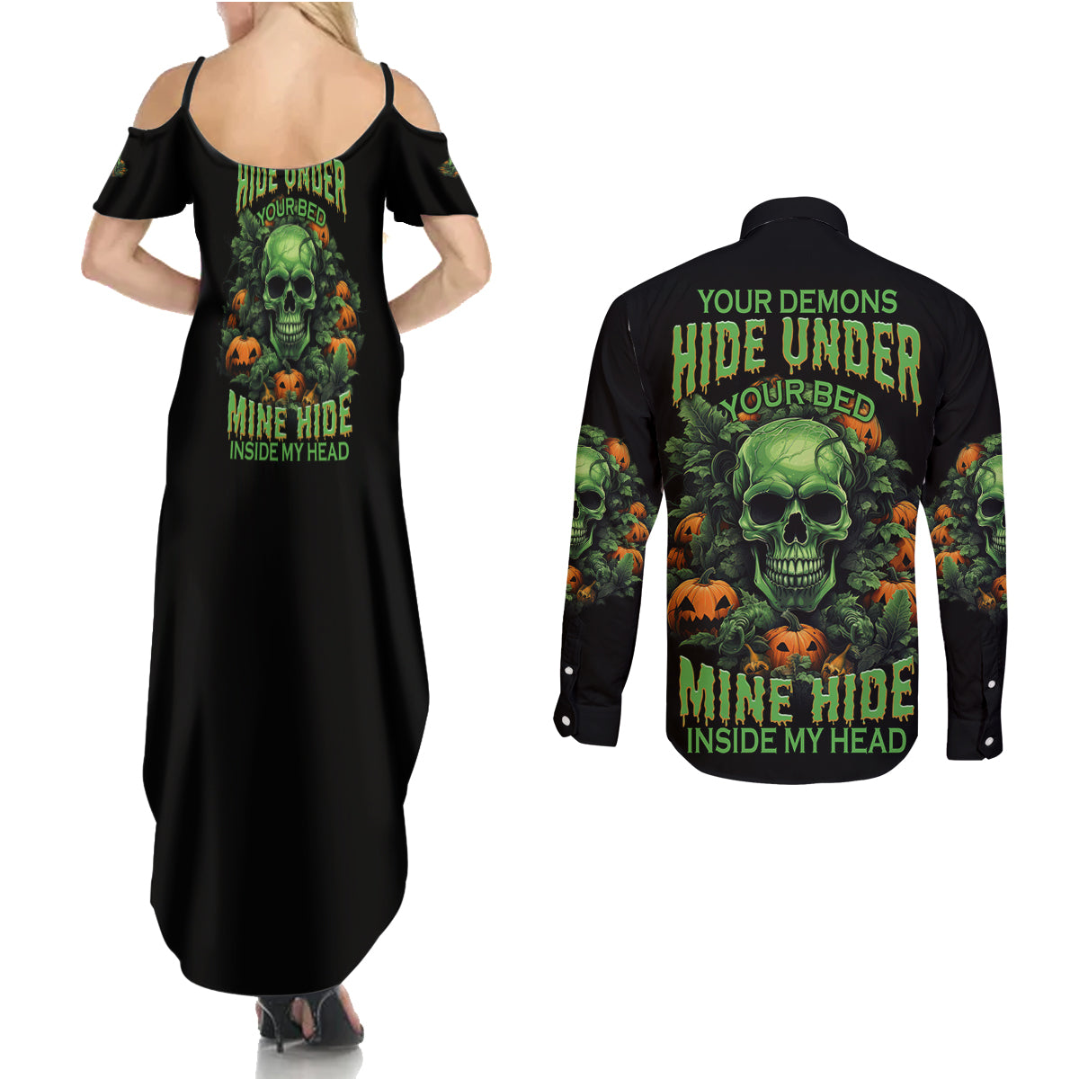 Your Demons Hide Under Your Bed Skull Halloween Couples Matching Summer Maxi Dress and Long Sleeve Button Shirt - Wonder Print Shop