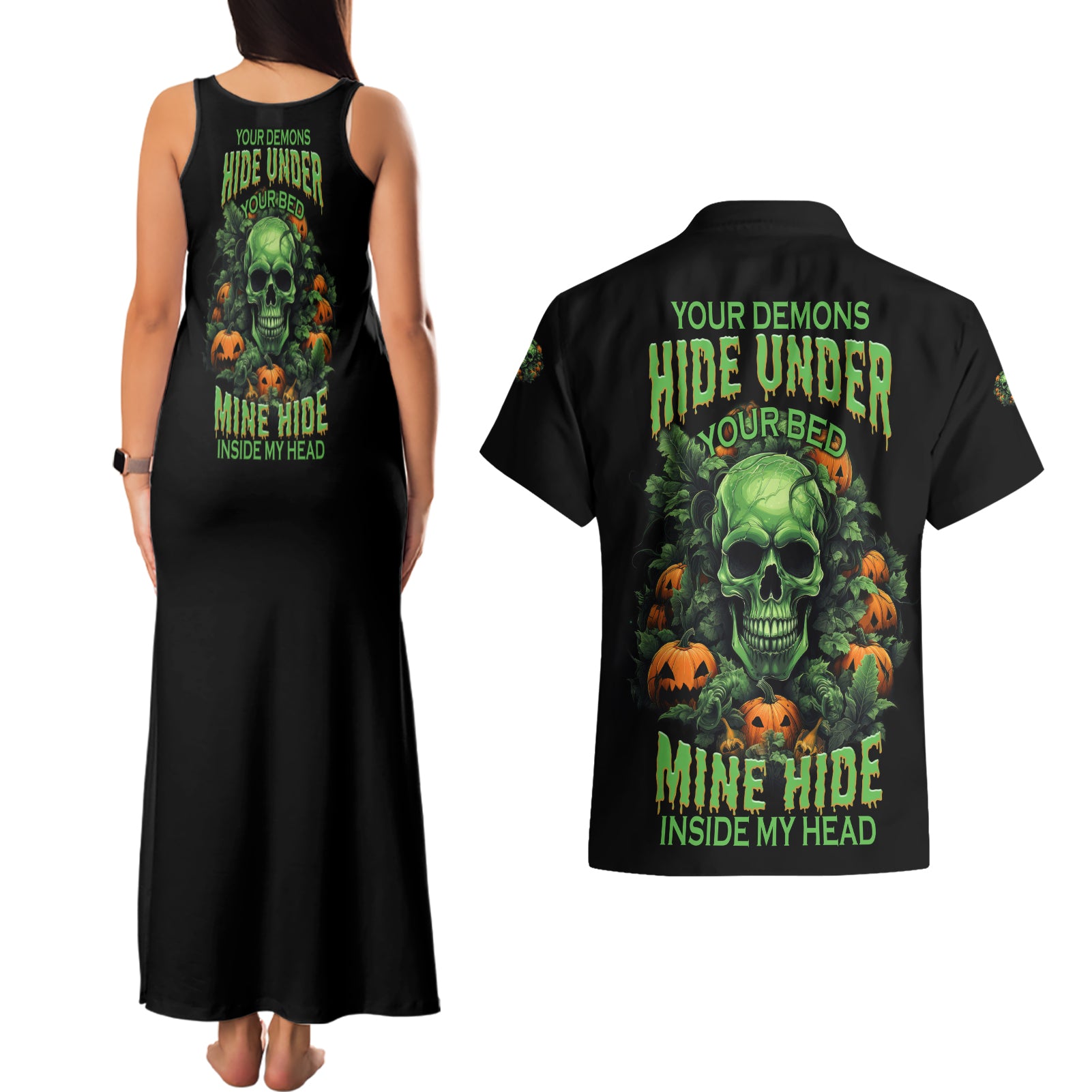 Your Demons Hide Under Your Bed Skull Halloween Couples Matching Tank Maxi Dress and Hawaiian Shirt - Wonder Print Shop