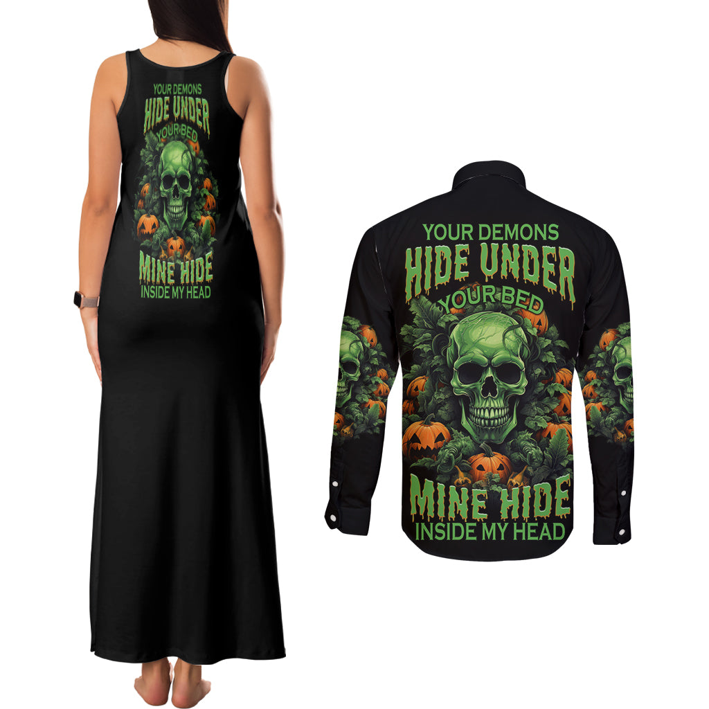 Your Demons Hide Under Your Bed Skull Halloween Couples Matching Tank Maxi Dress and Long Sleeve Button Shirt - Wonder Print Shop