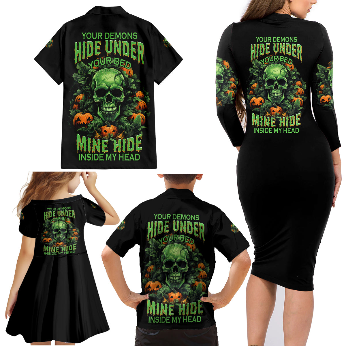 Your Demons Hide Under Your Bed Skull Halloween Family Matching Long Sleeve Bodycon Dress and Hawaiian Shirt - Wonder Print Shop