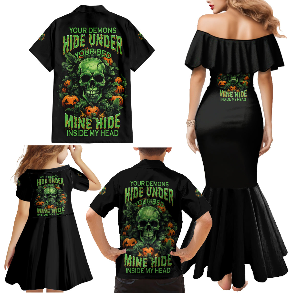 Your Demons Hide Under Your Bed Skull Halloween Family Matching Mermaid Dress and Hawaiian Shirt - Wonder Print Shop