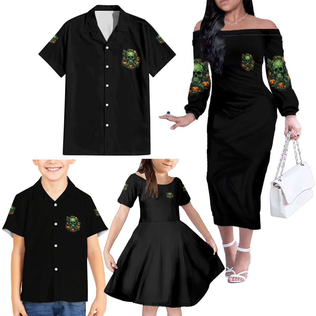 Your Demons Hide Under Your Bed Skull Halloween Family Matching Off Shoulder Long Sleeve Dress and Hawaiian Shirt - Wonder Print Shop