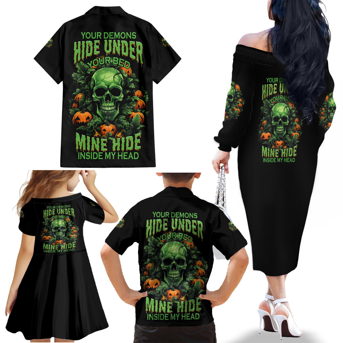 Your Demons Hide Under Your Bed Skull Halloween Family Matching Off Shoulder Long Sleeve Dress and Hawaiian Shirt - Wonder Print Shop