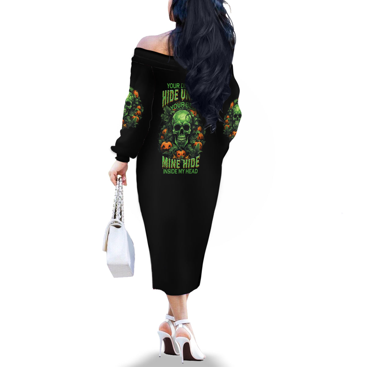 Your Demons Hide Under Your Bed Skull Halloween Family Matching Off Shoulder Long Sleeve Dress and Hawaiian Shirt - Wonder Print Shop