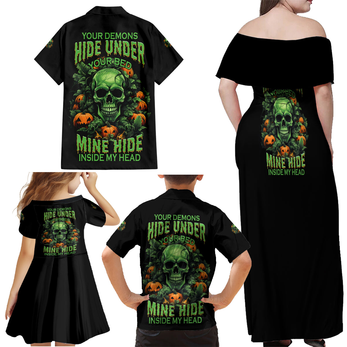 Your Demons Hide Under Your Bed Skull Halloween Family Matching Off Shoulder Maxi Dress and Hawaiian Shirt - Wonder Print Shop
