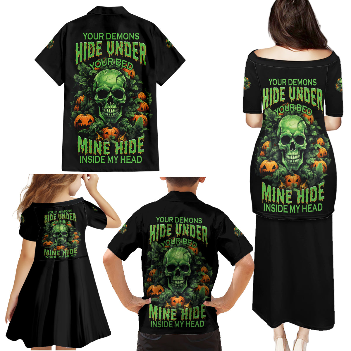 Your Demons Hide Under Your Bed Skull Halloween Family Matching Puletasi Dress and Hawaiian Shirt - Wonder Print Shop