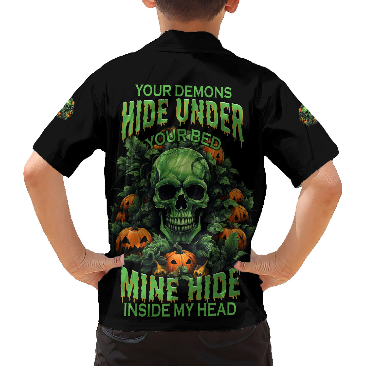 Your Demons Hide Under Your Bed Skull Halloween Family Matching Short Sleeve Bodycon Dress and Hawaiian Shirt - Wonder Print Shop