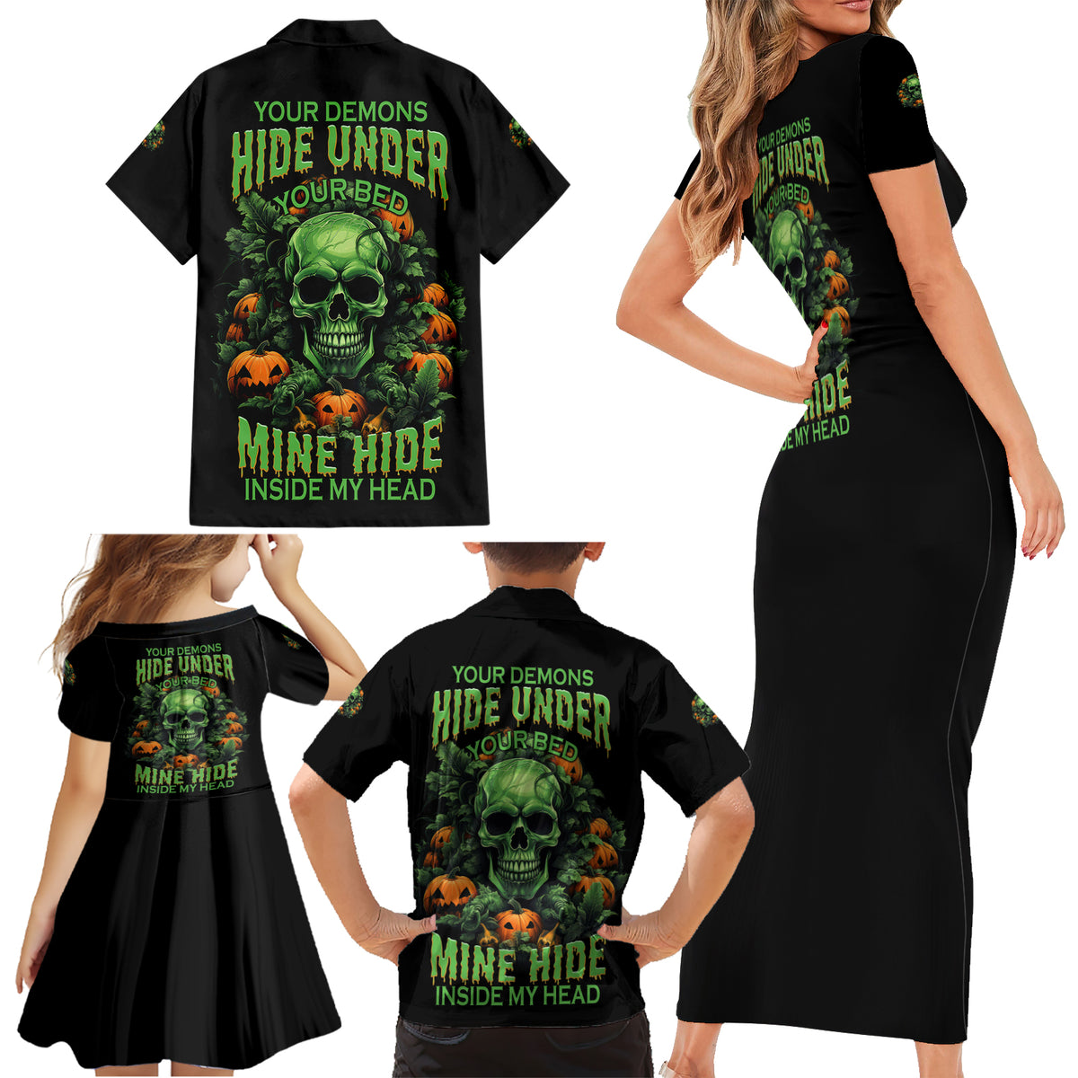 Your Demons Hide Under Your Bed Skull Halloween Family Matching Short Sleeve Bodycon Dress and Hawaiian Shirt - Wonder Print Shop